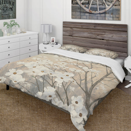 Brown onn Grey Blossoms - Cottage Duvet Cover Set