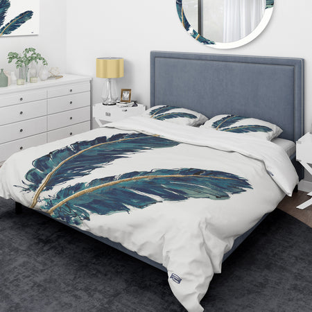 Gold Indigo Feathers IV - Glam Duvet Cover Set