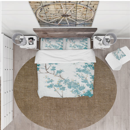 Teal Cherry Blossoms II - Farmhouse Duvet Cover Set