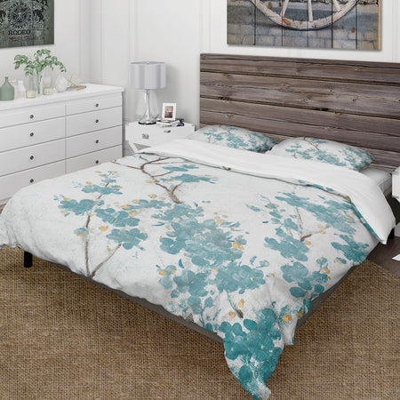 Teal Cherry Blossoms II - Farmhouse Duvet Cover Set
