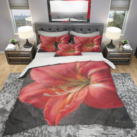 Vivid Red Lily III - Shabby Duvet Cover Set
