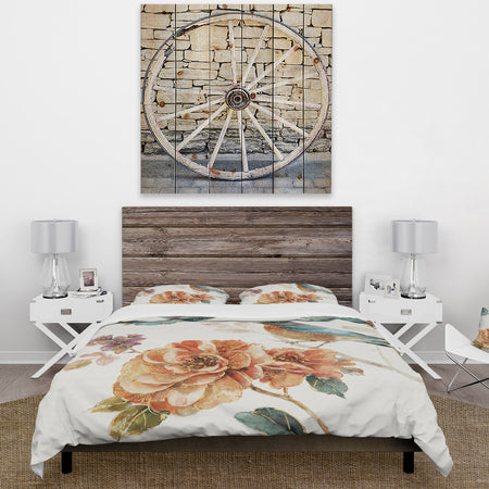 Cottage Bird on Orange Flower Twig - Cottage Duvet Cover Set