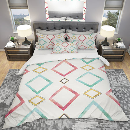Gilded Red and Blue Diamonds - Geometric Duvet Cover Set