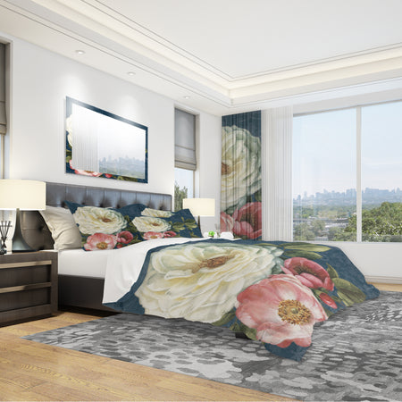 White and Pink Damask Rose Flowers - Shabby Duvet Cover Set