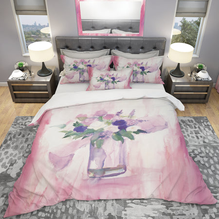 Pink Flower Handpainted Still Life - Shabby Duvet Cover Set