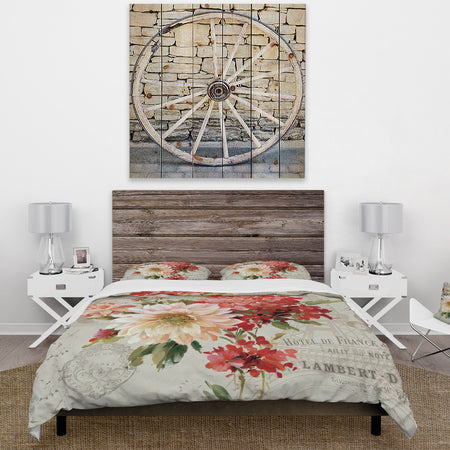 Red Painted Flowers on Vintage Postcard I - Cottage Duvet Cover Set