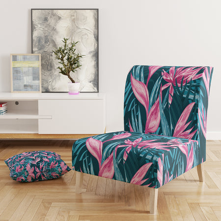 Handdrawn Tropical Flowers - Upholstered Mid-Century Accent Chair