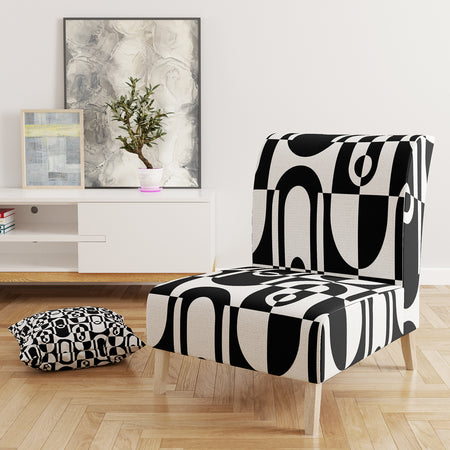 Monochrome Geometric Pattern VIII - Upholstered Mid-Century Accent Chair