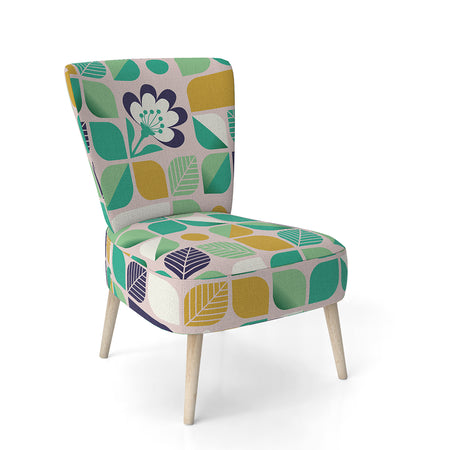 Geometric Pattern With Leaves And Flowers - Upholstered Mid-Century Accent Chair