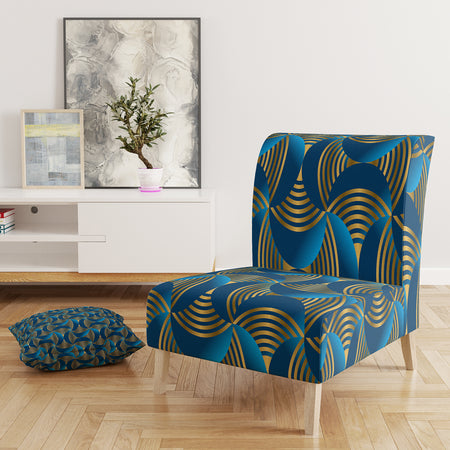 Geometric Abstract Waves In Gold And Marine Blue - Upholstered Mid-Century Accent Chair