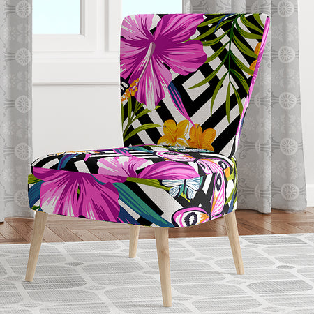 Tropical Foliage And Geometrics - Upholstered Mid-Century Accent Chair