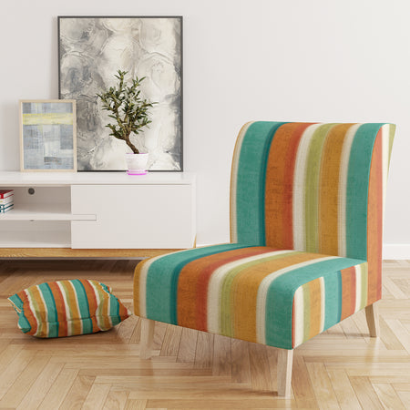 Blue, Green And Orange Vertical Abstract Stripes - Upholstered Mid-Century Accent Chair