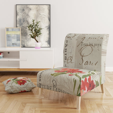 Red Painted Flowers On VIntage Postcard II - Upholstered Farmhouse Accent Chair