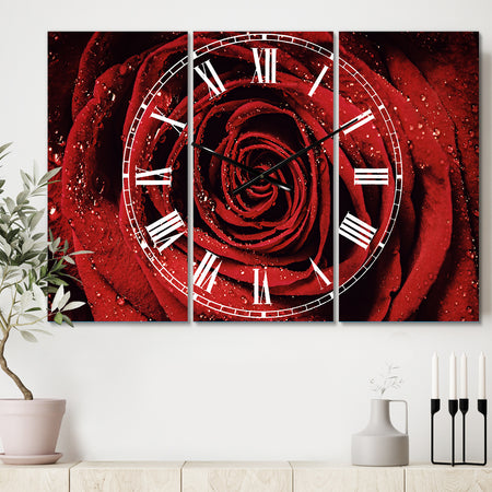 Red Rose Petals with Rain Droplets - Cottage 3 Panels Oversized Wall CLock