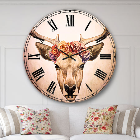 Designart Deer Portrait with Floral Head - Deer Large Wall CLock