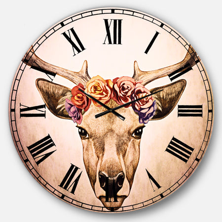 Designart Deer Portrait with Floral Head - Deer Large Wall CLock