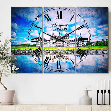 Chateau De Chambord Castle in Blue - Cottage 3 Panels Large Wall CLock