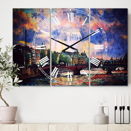 Fabulous Paris City Watercolor - Cottage 3 Panels Oversized Wall CLock