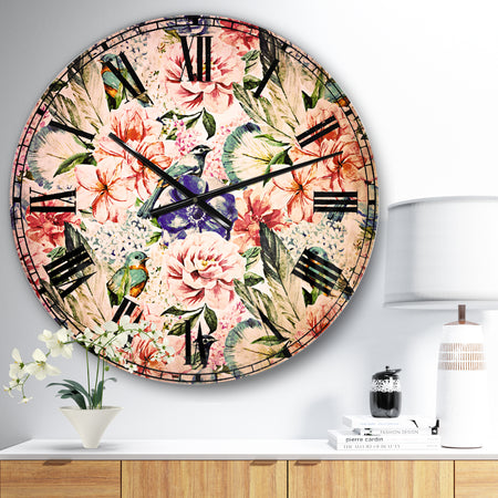 Colorful Flowers and Birds Watercolor - Flower Large Wall CLock