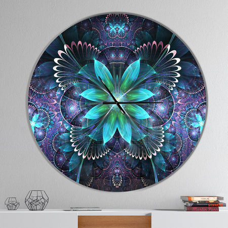 Fractal Flower Blue Digital Art - Oversized Modern Wall CLock