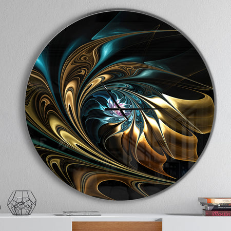 Brown Blue Fractal Flower in Black - Oversized Modern Wall CLock