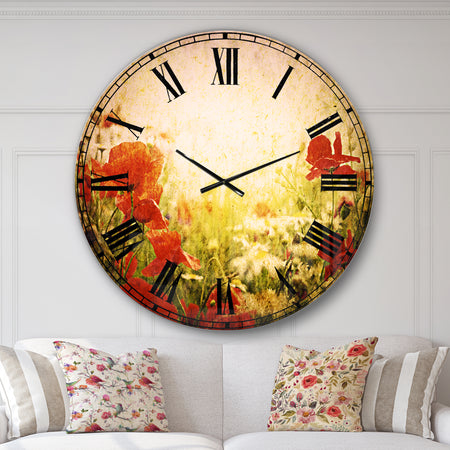 Grunge Background with Red Poppies - Floral Large Wall CLock