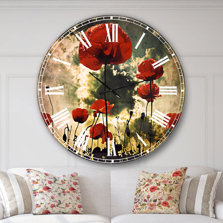 Poppies on Thunderstorm Background - Floral Large Wall CLock