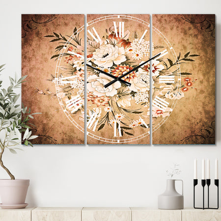 White and Yellow Floral Pattern - Cottage 3 Panels Oversized Wall CLock