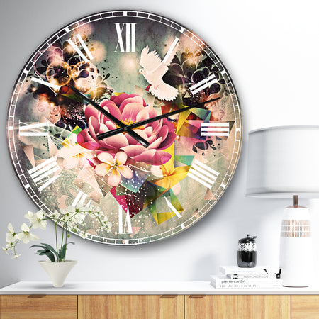 Flowers and Dove Abstract Design - Floral Large Wall CLock