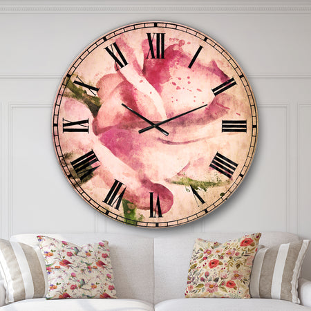 Pink Rose Drawing Watercolor - Floral Large Wall CLock