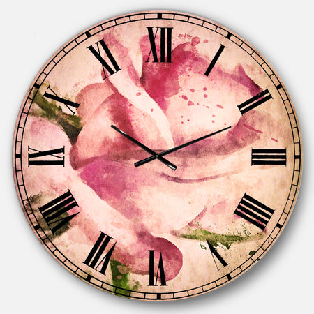 Pink Rose Drawing Watercolor - Floral Large Wall CLock