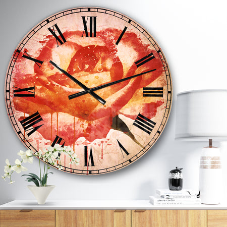 Red Rose Hand drawn with Splashes - Floral Large Wall CLock