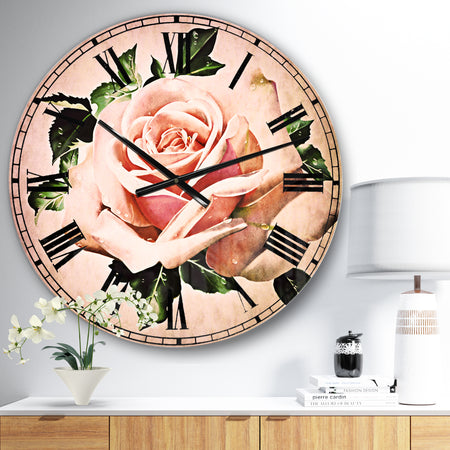 Watercolor Rose with Green Leaves - Floral Wall CLock