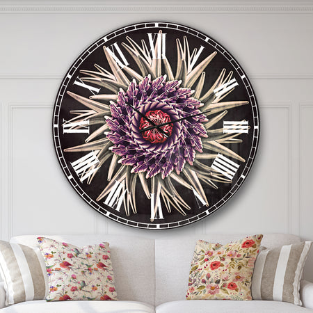 Purple Abstract 3D Flower on Black - Flowers Large Wall CLock