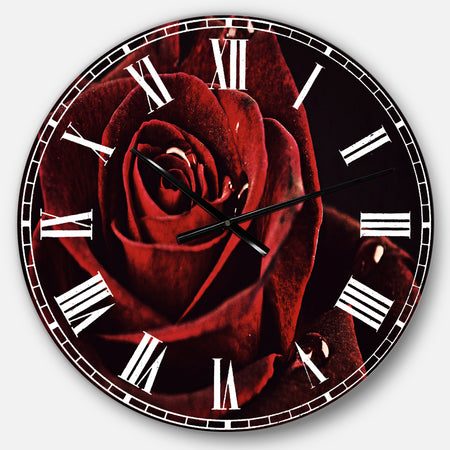 Red Rose with Raindrops on Black - Flowers Large Wall CLock