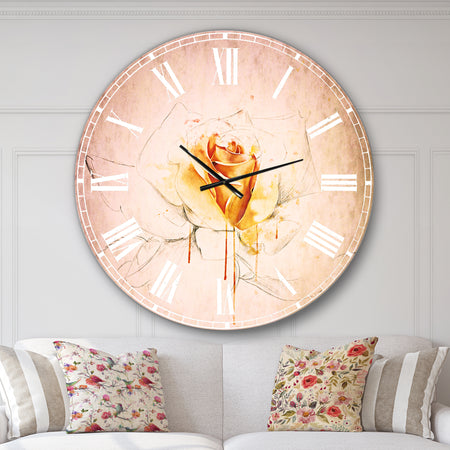Yellow Rose Sketch on White Back - Flower Wall CLock