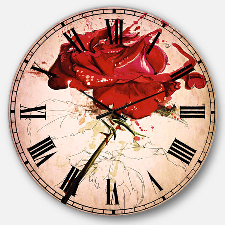 Rose Sketch with Stem on White - Flower Large Wall CLock