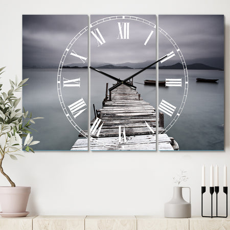Pier and Boats at Seashore - Cottage 3 Panels Large Wall CLock