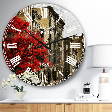 Red Tree on Black and White New York City Street - Floral Cityscapes Large Wall CLock