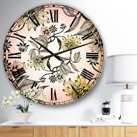 Hand drawn summer flowers - Floral Large Wall CLock