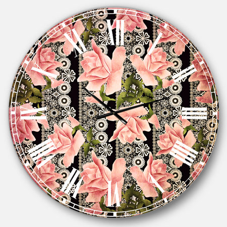 Black Lacy Roses Pattern - Digital Art Wall CLock