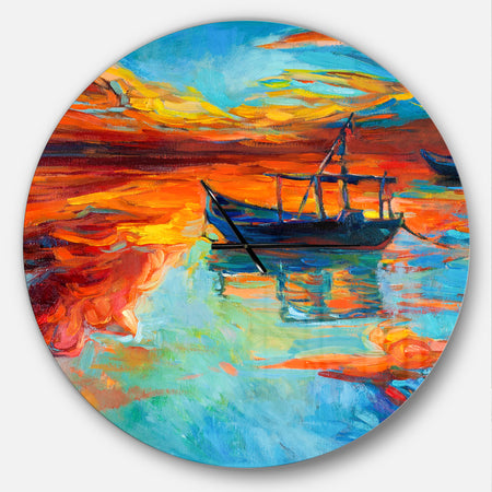 Fishing Sailing Boat at Red Sunset - Oversized Coastal Wall CLock