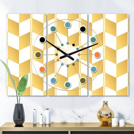 Gold and White Geometric Pattern I - Oversized Mid-Century wall clock - 3 Panels