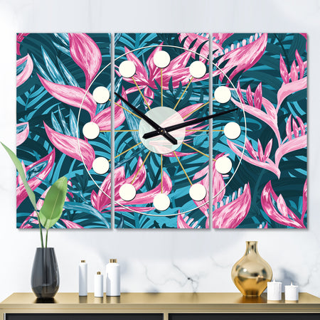 Handdrawn Tropical Flowers - Oversized Mid-Century wall clock - 3 Panels