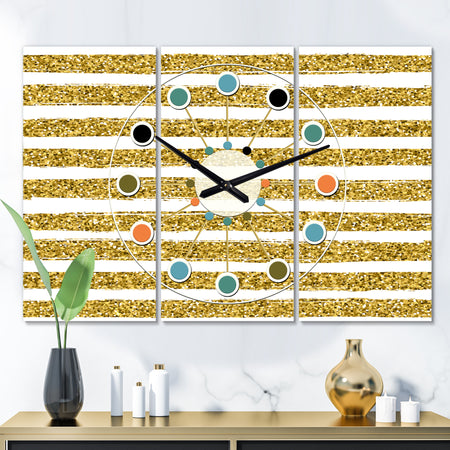 Golden Horizontal Lines - Oversized Mid-Century wall clock - 3 Panels