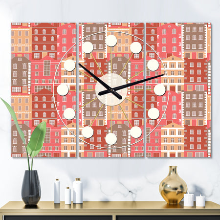 Handdrawn Colorful Houses - Oversized Mid-Century wall clock - 3 Panels