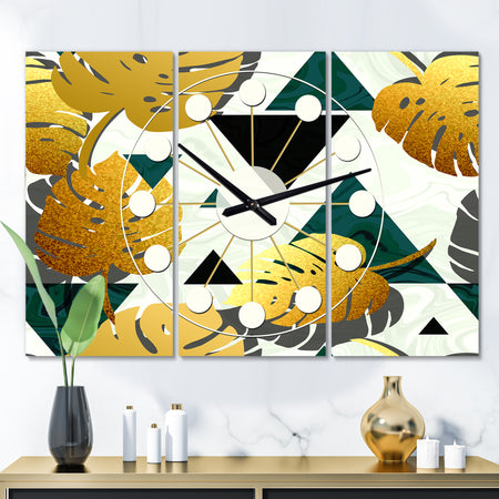 Golden Foliage V - Oversized Mid-Century wall clock - 3 Panels