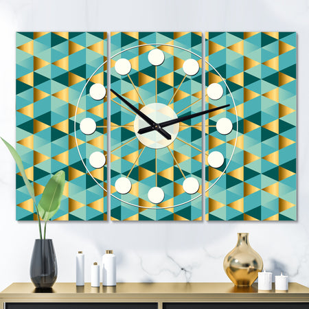 Gold and Blue Dynamics V - Oversized Mid-Century wall clock - 3 Panels