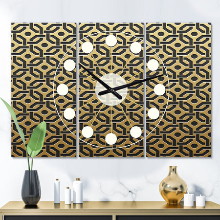 Golden Luxury Metallic Geometrics III - Oversized Mid-Century wall clock - 3 Panels