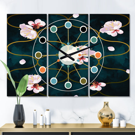 Retro Pink Flower Pattern II - Oversized Mid-Century wall clock - 3 Panels